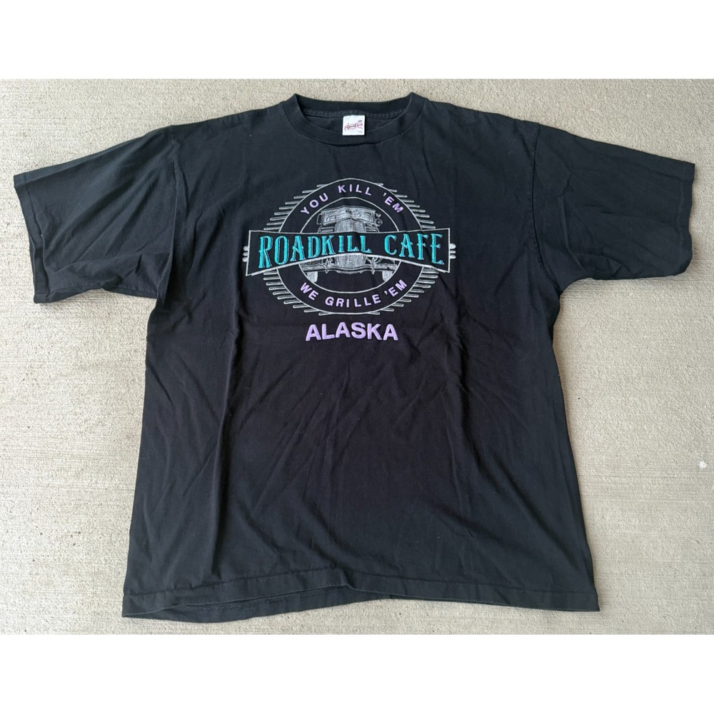 Alore Mens T-Shirt Black Roadkill Cafe Alaska Graphic Tee Short Sleeve Size 2XL